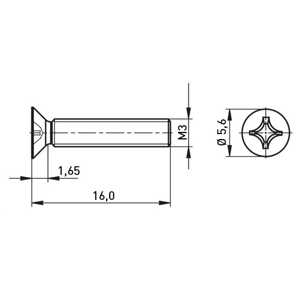 Senkkopfschraube ISO7046 M3x16 Stahl rostfrei A2 blank Phillips
