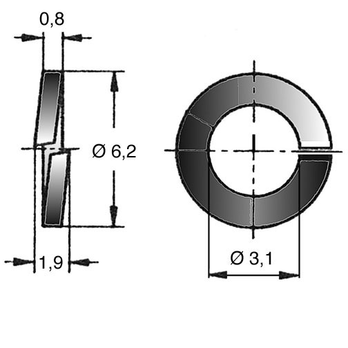 Split Washer DIN127 B Ø3.1/6.2 x 0.8 A2 Plain Stainless Steel