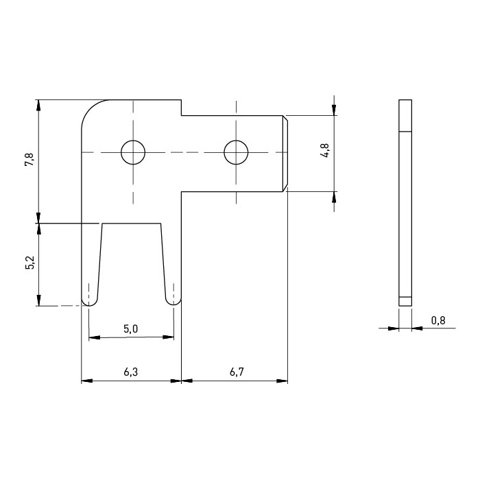 Flachstecker 4,8x0,8 | 90° Messing versilbert