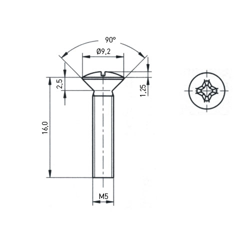 Senkkopfschraube ISO7047 M5x16 Stahl rostfrei A2 blank Phillips