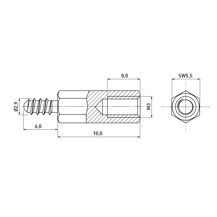 Standoff Galvanized Steel Self-Tapping AF5.5x10 F=M3x8 M=ST2.9x6 w/o UC