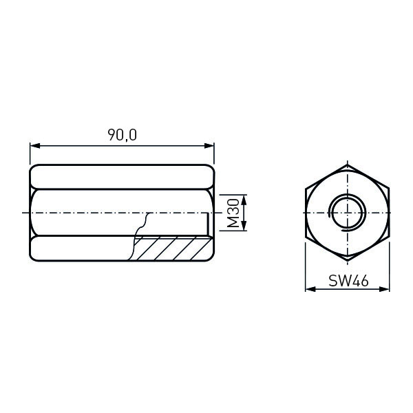 Long Nut M30 DIN6334 A2 Stainless Steel AF 46x90 / M30