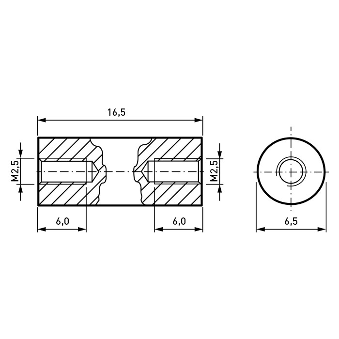 Insulated Standoff PA-Brass F/F ø6.5x16.5 | Thread M2.5x6 / M2.5x6