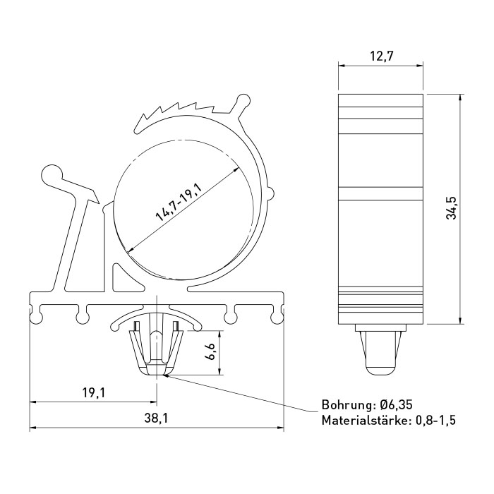 Kabel-Rohrhalter Type PAKKL mit Steckfuß - Klemmbereich 14,7-19,1mm