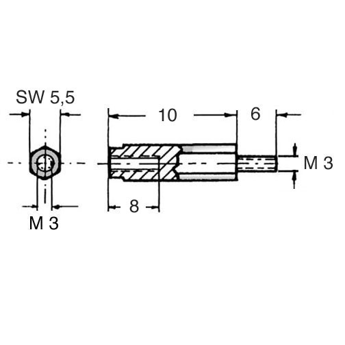 Abstandsbolzen Polyamid 6.6 schwarz I/A SW5,5x10 I=M3x8 A=M3x6 o. Freistich