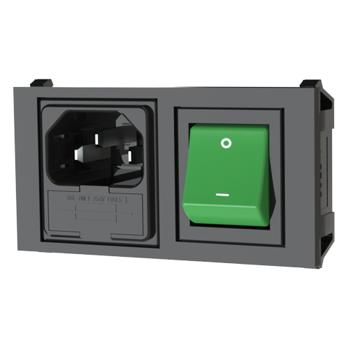 IEC Power Inlet/Switch green/2x5x20 Snap-In Mounting