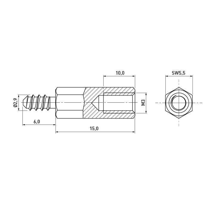 Standoff Galvanized Steel Self-Tapping AF5.5x15 F=M3x10 M=ST2.9x6 w/ UC