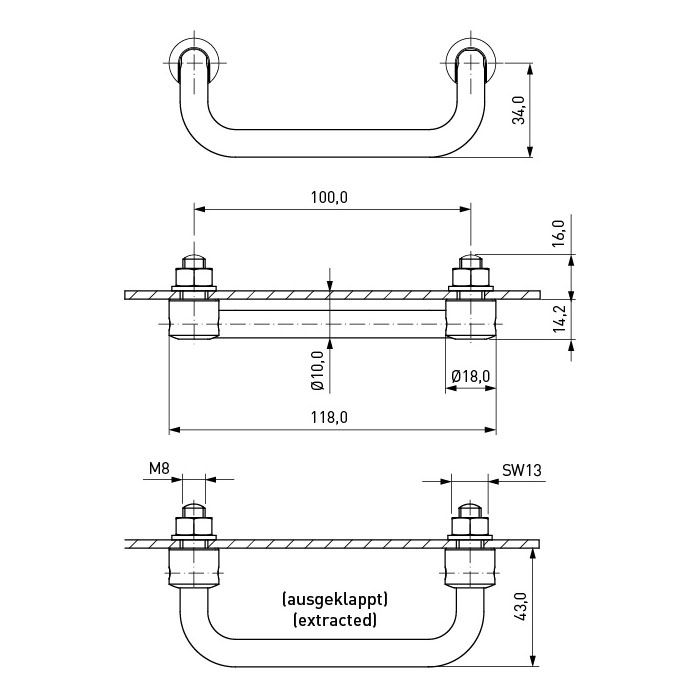 Round Handle ø10/100/43 M8 thread Stainless Steel 1.4305