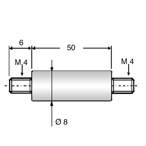 Insulated Standoff PA-Brass M/M Ø8x50 | Thread M4x6 / M4x6