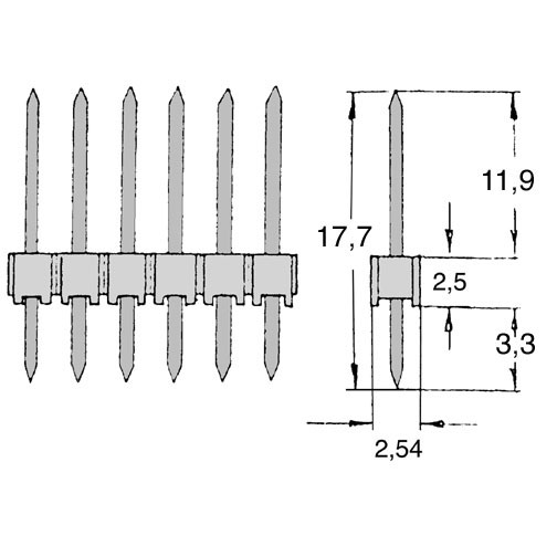 Stiftleiste 1x 50 polig 17,7mm Messing verzinnt Raster 2,54mm