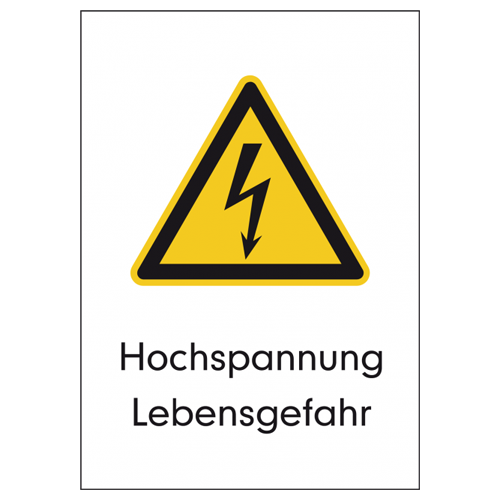 Schilder: Warnschild Kombi-Schild DIN EN ISO 7010-W012 Text: Hochspannung Lebensgefahr Schilder: Warnschild Kombi-Schild DIN EN ISO 7010-W012 Text: Hochspannung Lebensgefahr
