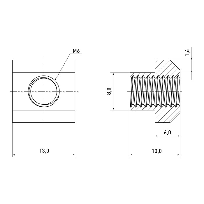 Nut for T-Slot DIN508 M6x8 Plain Steel 10