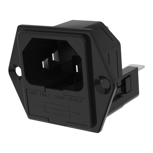 IEC Connector C14 Twin Fused 5x20mm Nylon UL94-V0,black/6.3x0.8mm term.
